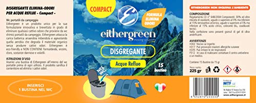Eithergreen COMPACT - El desintegrador elimina los olores de las aguas residuales - para inodoros portátiles de camping - 15 sobres de 15 g