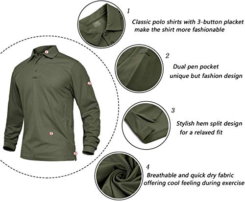 EKLENTSON Hombre Camisas - Polos de Golf de Manga Larga Casuales y Ligeros Camisas de Deporte Militar Verde Militar Talla L