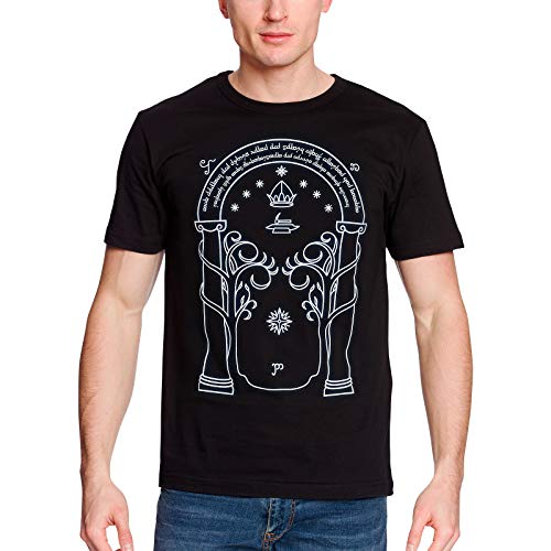 Elbenwald Las Puertas de la Camiseta de los Hombres de Durin Brillan en la Oscuridad para los fanáticos de El señor de los Anillos algodón Negro - L