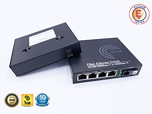 Elfcam® - Juego de 2 conversores de fibra Ethernet, conversor de medios hasta una distancia de 20 km a través de fibra óptica SC monomodo con modo adaptativo 10/100/1000Mbps (4 x 4 puertos RJ45)