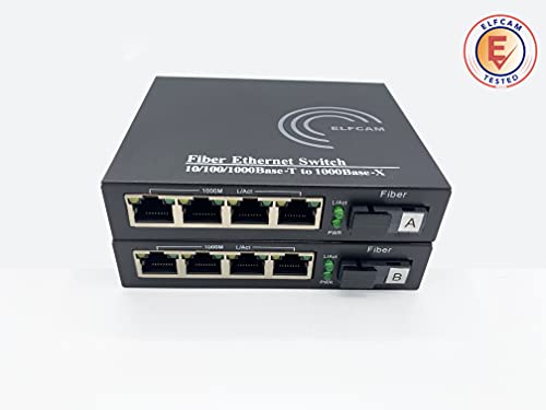 Elfcam® - Juego de 2 conversores de fibra Ethernet, conversor de medios hasta una distancia de 20 km a través de fibra óptica SC monomodo con modo adaptativo 10/100/1000Mbps (4 x 4 puertos RJ45)
