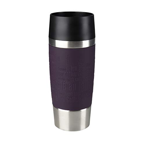 Emsa Travel Mug - Taza térmica de 0.36 l, mantiene calor 4 h y frío 8 h, acero inoxidable con base antideslizante y zona de agarre de silicona con letras grabadas, color lila