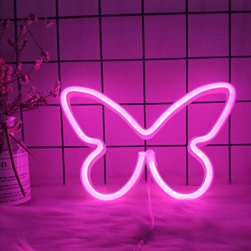 ENUOLI Pink Butterfly Neon Light Butterfly Neon Signos USB & Battery Powered Night Light Wall Light MEJOR REGALO PARA LA Fiesta de boda Decoración de la pared Fiesta de cumpleaños Camping Kids Room S