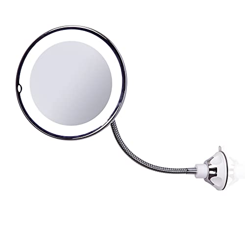 Espejo Maquillaje con Luz LED y Aumento 10X | Fijación con Ventosa a la Pared o Mesa Brazo Flexo Extensible Ajustable Rotación 360° | Baño, Maquillar (Claro)