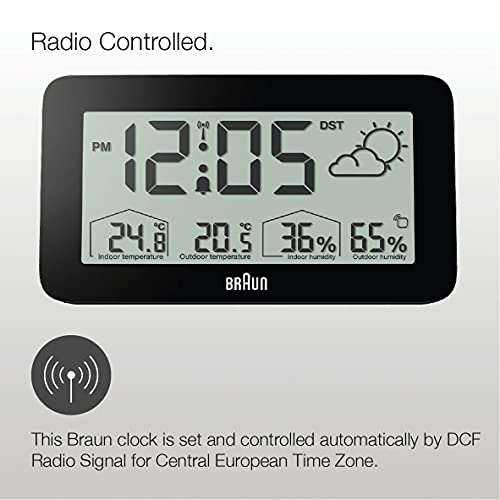 Estación meteorológica y reloj digital controlado por radio Braun para la zona horaria de Europa Central (DCF) con temperatura y humedad, pronóstico del tiempo, pantalla LCD, negro, modelo BC13BP-DCF.