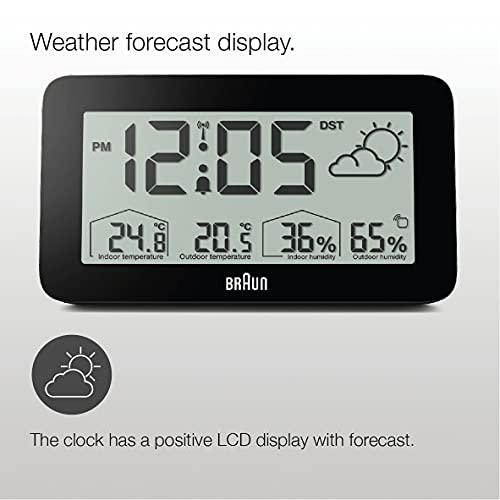 Estación meteorológica y reloj digital controlado por radio Braun para la zona horaria de Europa Central (DCF) con temperatura y humedad, pronóstico del tiempo, pantalla LCD, negro, modelo BC13BP-DCF.