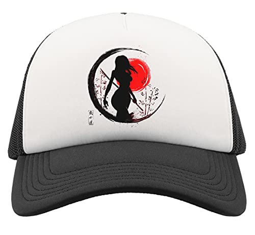 Female Samurai Warrior Red Moon Katana Girl Half Mesh Trucker Cap Baseball Hat Snapback Black