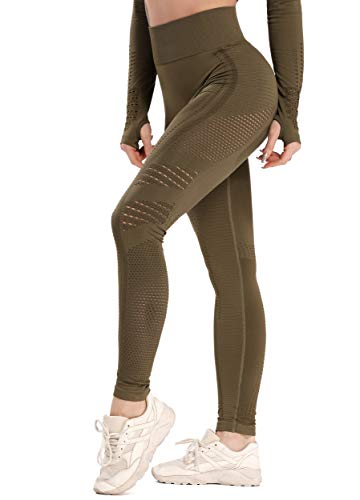 FITTOO Leggings Sin Costuras Corte de Malla Mujer Pantalon Deportivo Alta Cintura Yoga Elásticos Fitness Seamless #1 Verte S