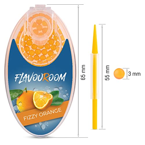 Flavouroom - 100 cápsulas de naranja con gas | Capsulas aromaticas para un sabor inolvidable | incluye caja para guardar las bolas Fizzy Orange Click Pods
