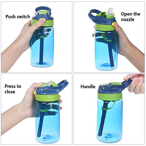 flintronic Botella Agua con Pajitas, Botella de Agua para Niños, 480ml/16OZ Botella a prueba de Fugas, Grado alimenticio PP Plástico, para Deportes y Aire Libre, Azul