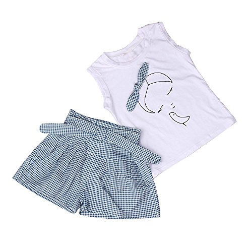Fossen Ropa Niña Verano 2019-2 3 4 5 6 7 años - Color sólido Camiseta sin Mangas con Patrón + Pantalones Cortos a Cuadros - Moderna Conjunto de Dos Piezas (2-3 años, Azul)