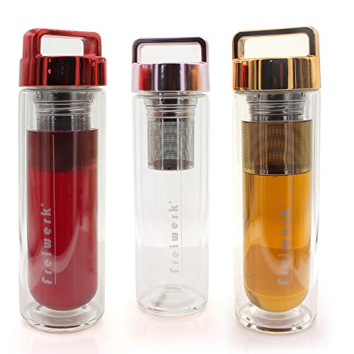 freiwerk® té termo botella fabricante colador infusor vidrio doble pared tela de neopreno libre de BPA tapa gris blanco 400ml