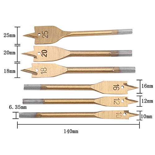 FTVOGUE - Juego de 6 brocas planas, pala de alto contenido para trabajos de madera, taladrado plano, herramientas de perforación 10-25 mm