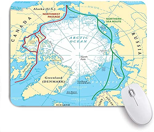 Gaming Mouse Pad, Rutas círculo polar ártico Océano Pasaje Mapa del noroeste de hielo Educación Ciencia Ruta del polo norte noreste, alfombrillas de ratón no Slip-Base de goma para el ordenador portát