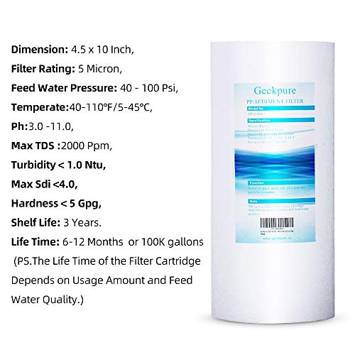 Geekpure Cartucho de filtro de sedimentos de polipropileno PP de 10 pulgadas para sistema de filtro de agua de toda la casa, 4,5" x 10"- 5 micrón (paquete de 4)