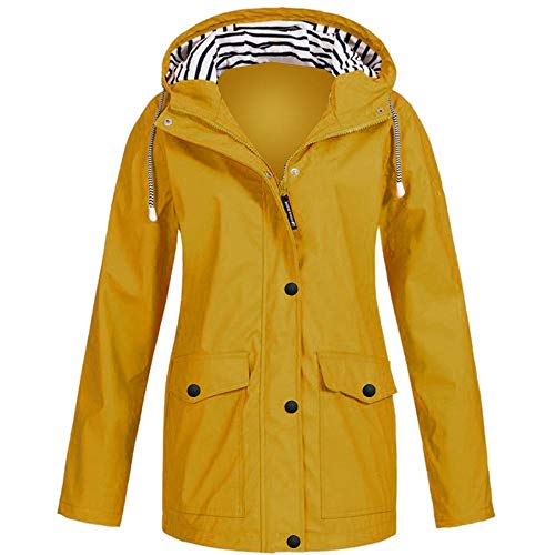 Ghemdilmn Chubasquero para mujer con capucha, bolsillo funcional, parka impermeable, transpirable, chaqueta de entretiempo, amarillo, S