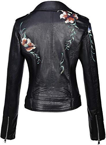 Giolshon Chaqueta de Cuero Sintético para Mujer Abrigo Corto de Motociclista de Otoño Elegantes, Floral Informal de Moto 1702020 Negro L