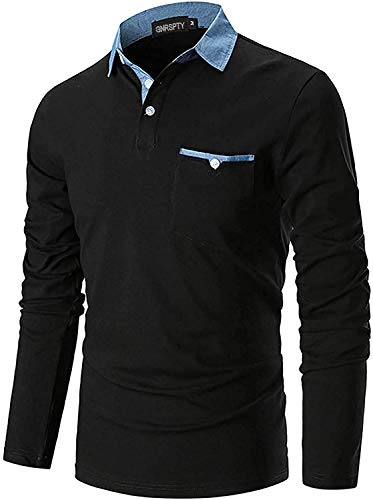 GNRSPTY Polo Hombre Manga Larga Denim Cuello Camisetas Algodón Camisas T-Shirt Golf Tennis Otoño Invierno Oficina,Negro,M