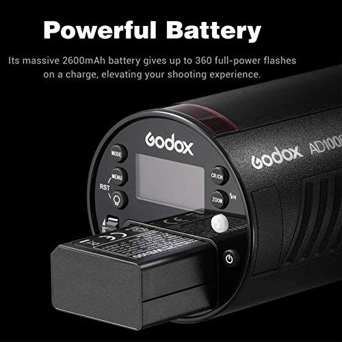 Godox AD100Pro AD100 Pro 100Ws TTL 2.4G HSS 1 / 8000s - Flash de bolsillo con batería de litio de 7,2 V/2600 mAh, 360 flashes de gran potencia, reciclado de 0,01 – 1,5 s, soporta TTL/M/Multi