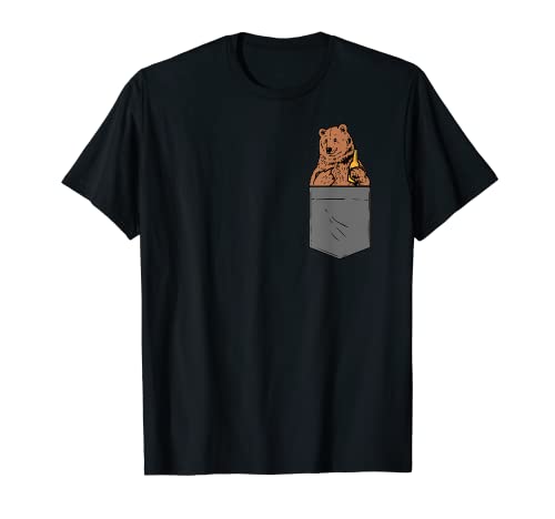 Grizzly Oso en el bolsillo del pecho con botella de cerveza, oso de bolsillo Camiseta