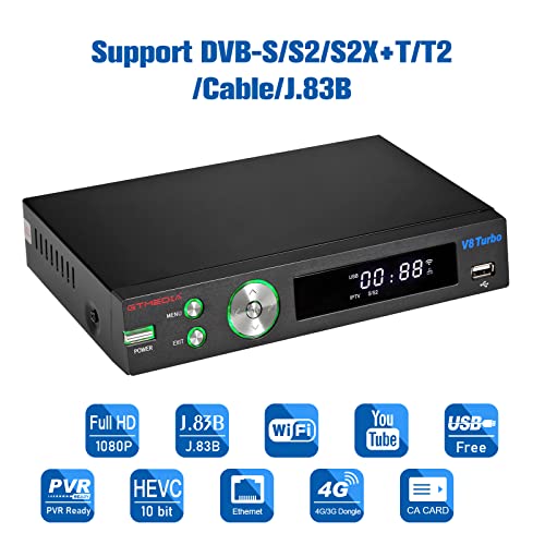 GTMedia V8 Turbo Full HD 1080p Decodificador Satelite Receptor de TV Satelital Digital, Soporte DVB-S/S2/S2X+T/T2/Cable/J.83B, 2.4G WiFi, Ethernet, T2MI, Tarjeta Lector, Youtube, USB