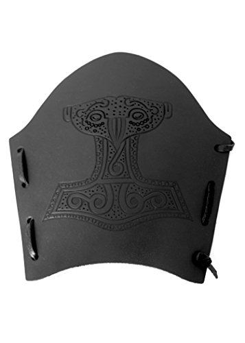 Guardabrazos de piel con grabado Thor Martillo, Negro – Rodilleras LARP Medieval Vikingo, negro