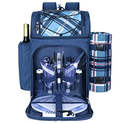 Hap Tim Mochila de picnic para 2 personas con compartimento aislado a prueba de fugas, soporte para vino, manta de forro polar, juego de cubiertos, regalos para niños y niñas, azul (36083-BL)
