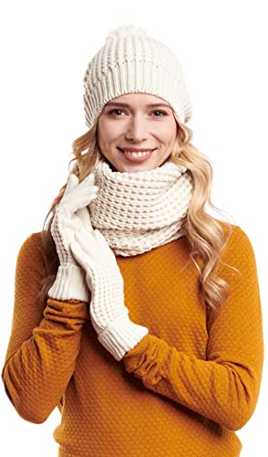 Hilltop Conjunto de 3 piezas de invierno con bufanda y gorro a juego y guantes para mujer, beige, Talla única