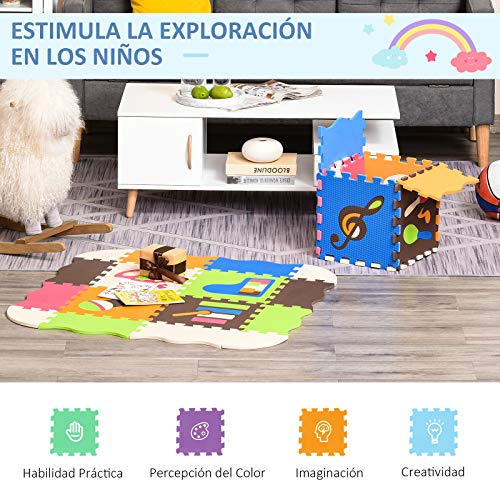HOMCOM Alfombra Puzzle para Niños 120x90,5x16,5 cm con 25 Piezas de Espuma EVA Suave Área de Cobertura de 0,9 m² Modelo Instrumentos Musicales Multicolor