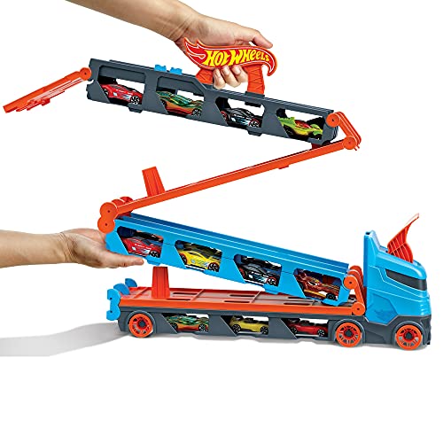 Hot Wheels City Camión autopista, pista de coches de juguete de 2 metros con lanzador, incluye 3 vehículos (Mattel HGH33)