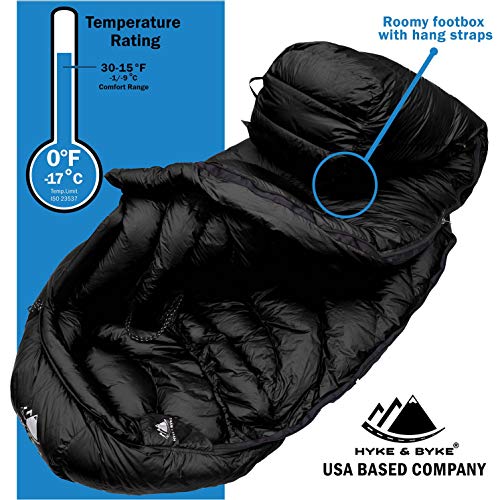 Hyke & Byke Snowmass -15ºC Saco de Dormir de Plumón - Saco de Dormir Adulto Momia con Base ClusterLoft Ligero para Excursiones y Camping – Camping Accesorios en 5 Colores Diferentes