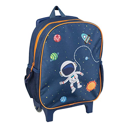Idena 20068 - Mochila trolley con 2 ruedas brillantes, para niños, azul oscuro con elegante motivo de astronauta y espacio, como maleta de mano, carro escolar y mochila infantil, 31 x 27 x 10 cm