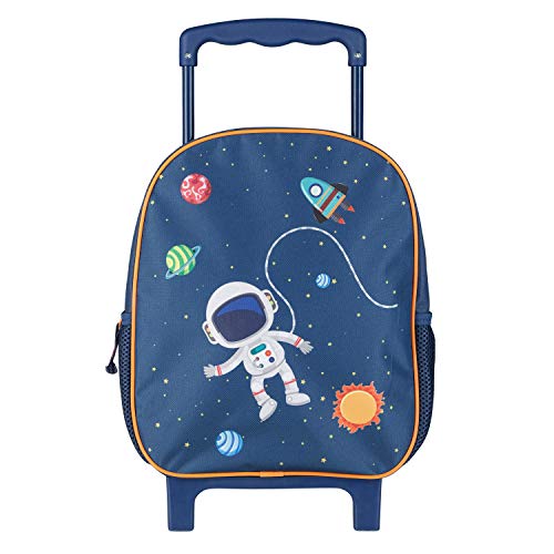 Idena 20068 - Mochila trolley con 2 ruedas brillantes, para niños, azul oscuro con elegante motivo de astronauta y espacio, como maleta de mano, carro escolar y mochila infantil, 31 x 27 x 10 cm
