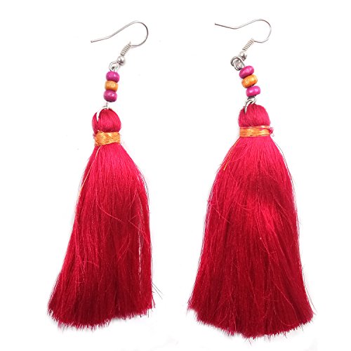 India Meets India Handicraft Crafted Bohemian Tassel Long Earrings with Beads Tribal Fashion Jewellery For Womens & Girl'S - Red