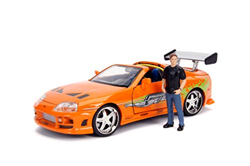 Jada Toys Fast & Furious Brian's 1995 Toyota Supra Build+Collection - Maqueta de Coche Tuning, Escala 1:24, Incluye Figura Brian O'Conner, Color Naranja