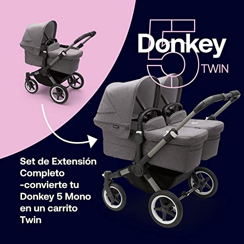 Juego de Extensión Bugaboo Donkey 5 Twin, Convierte tu Donkey 5 Mono en un carrito Twin, De Lado a Lado, Diseño Mejorado, Silla Reversible y Dirección a Una Mano, Grey Melange