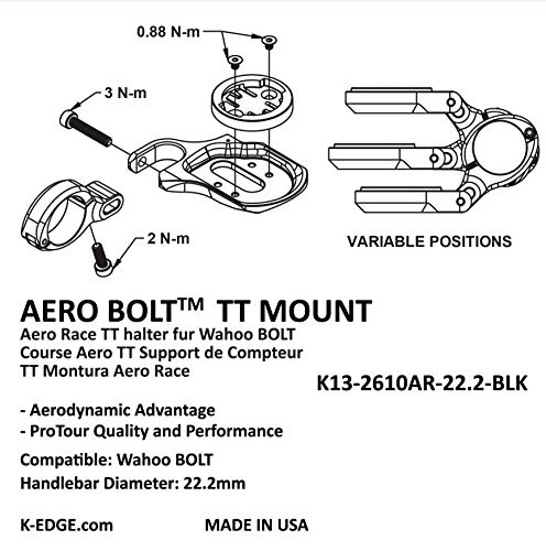 K-EDGE Wahoo Bolt Aero TT Mount, 22.2mm, Black Anodize, Adultos Unisex, Negro, ESTANDAR