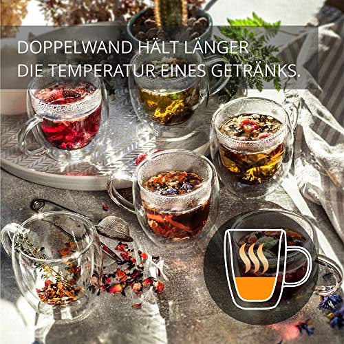 KADAX Taza de cristal de doble pared de 250 ml, con asa ancha, para zumo, té, café, capuchino, agua, té helado, EIS, universal, para té, vacío (6)
