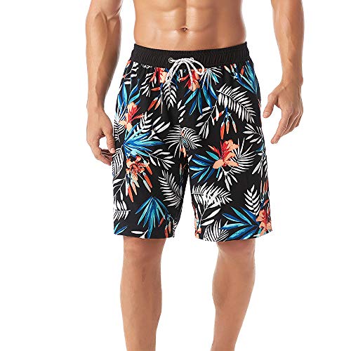 KASEBAY Pantalones cortos de playa para hombre, de secado rápido, trajes de baño para tabla de baño, pantalones de surf casuales con bolsillo, Hoja blanco-negra., XL