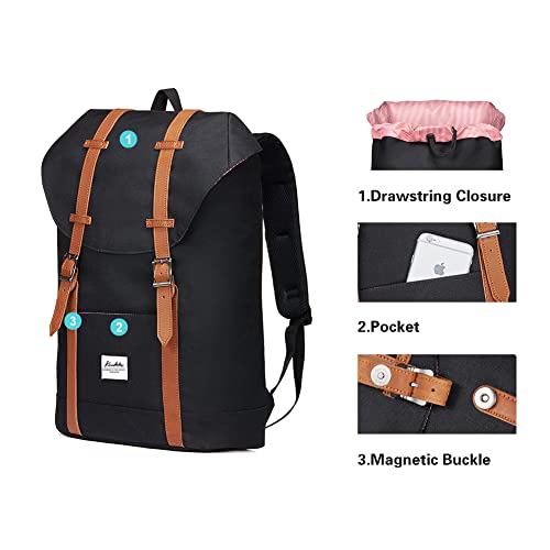 KAUKKO Mochila Casual Mochila de Estudiante Ligero 16" Laptop Bolsa al Aire Libre para Viajar/Deporte/Cámping (Negro)