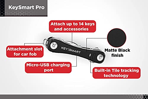 KeySmart Pro - Llavero Compacto con Linterna LED y Tecnología Smart Tile. Rastrea Tus Llaves y teléfono extraviado con Bluetooth (hasta 10 Llaves, Negra)