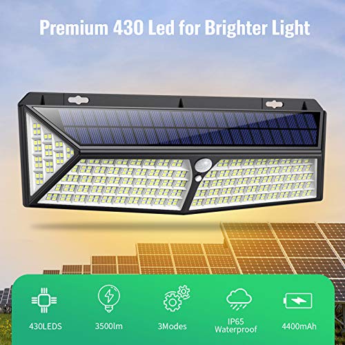 Kilponen Luz Solar Exterior【430 LED Con Carga USB】Foco Solar Exterior 270º Iluminación 4400 mAh Lámpara Solar con Sensor de Movimiento y 3 Modos Inteligentes para Jardín Camino Garaje - 2 Paquete
