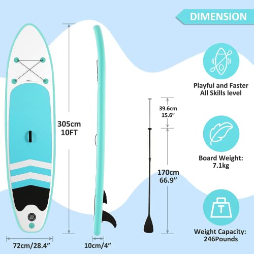 Kit de surf de pala inflable de alta calidad de SUP, 15,24 cm de grosor, 27 cm de largo, pala ajustable, mochila de transporte, bomba manual, correa de seguridad para el tobillo, azul claro