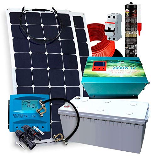 Kit Solar 12V PlusEnergy - 2 Paneles Solares Flexibles 150W + Inversor Cargador 2.000W 35A kit + Batería Gel Especial Autocaravana/Camper