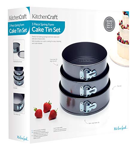 Kitchen Craft Cake Tin Set Juego de Fuentes para Tortas con Mecanismo Dedesprendimiento Rapido a Resorte, Negro
