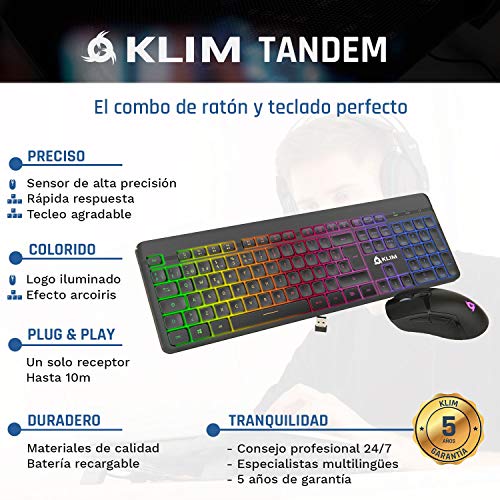 KLIM Tandem - Kit Teclado y Ratón Inalámbrico Gaming ESPAÑOL + Teclado y ratón gaming Ligero, Duradero, Ergonómico + Batería de larga duración + Retroiluminado para PC Mac Xbox One + Nuevo 2022