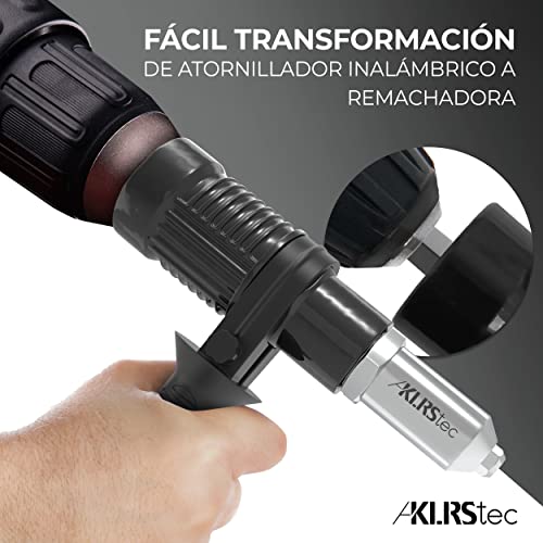 KLRStec Profesional Adaptador de Remachadora de Taladro o Inalámbrico para remaches en tamaños 2,4/3,2/4,0/4,8 mm