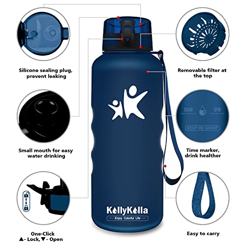 KollyKolla Botella Agua Sin BPA Deportes -1.5L, Reutilizables Ecológica Tritan Plástico, Bebidas Botellas con Filtro & Marcador de Tiempo, para Cámping, Tapa Abatible de 1 Clic, Azul Oscuro Mate
