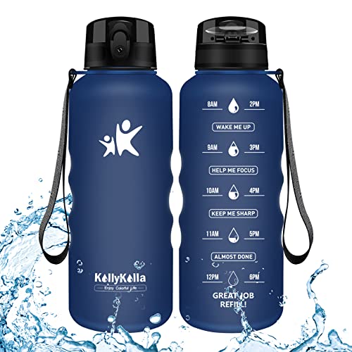 KollyKolla Botella Agua Sin BPA Deportes -1.5L, Reutilizables Ecológica Tritan Plástico, Bebidas Botellas con Filtro & Marcador de Tiempo, para Cámping, Tapa Abatible de 1 Clic, Azul Oscuro Mate