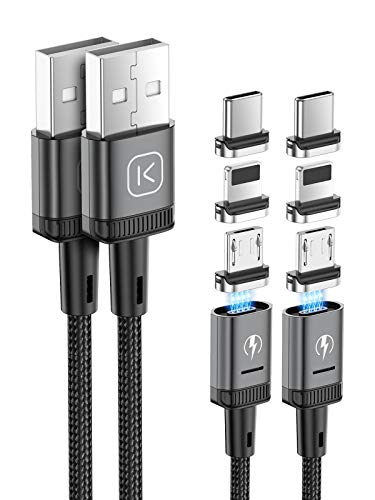 Kuulaa Cable de carga magnético 3 en 1, cable de carga rápida 3 A, trenzado con LED Light Magnetic USB cable de carga para micro USB, dispositivos tipo C e iProducts (gris, 1 m + 1 m)